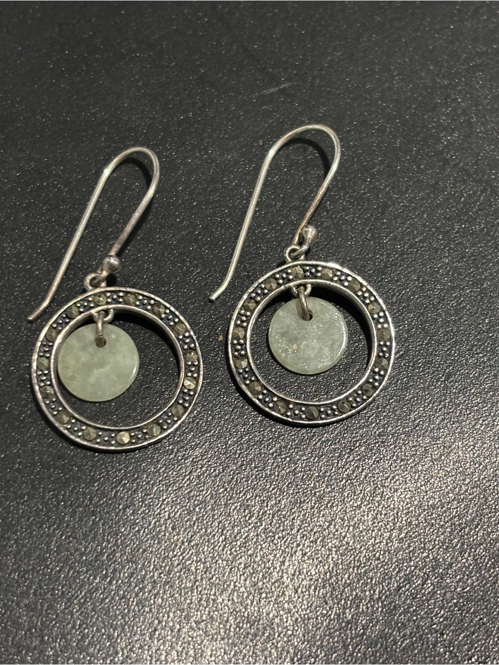.925 Sterling Silver Jade Marcasite Circular Drop Earrings Stone Discs Bi / Pi